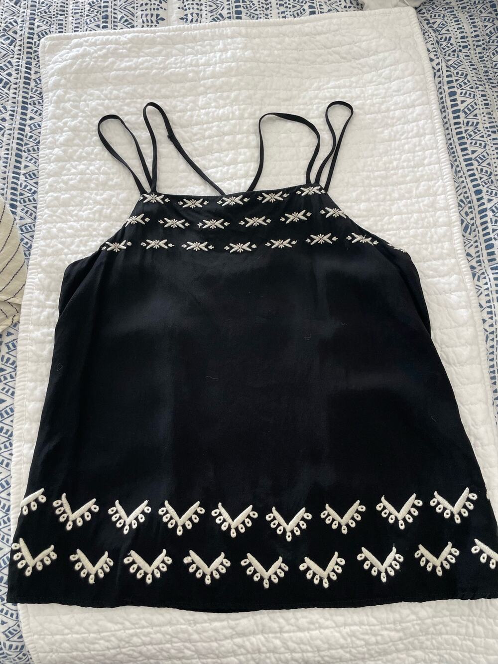 Ann Taylor LOFT cami blouse. Criss Cross straps and white stitch embroidery